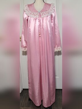 Vintage Brandywine Pink Satin Nightgown Lace Trim Petite USA Long Lingerie 70s